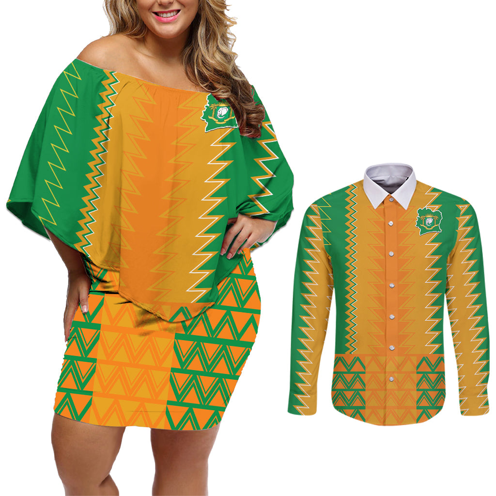 Custom Ivory Coast Football Couples Matching Off Shoulder Short Dress and Long Sleeve Button Shirt Les Elephants 2024 Sporty Style LT9 - Wonder Print Shop