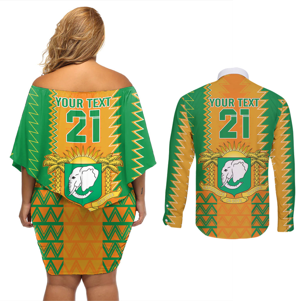 Custom Ivory Coast Football Couples Matching Off Shoulder Short Dress and Long Sleeve Button Shirt Les Elephants 2024 Sporty Style LT9 - Wonder Print Shop