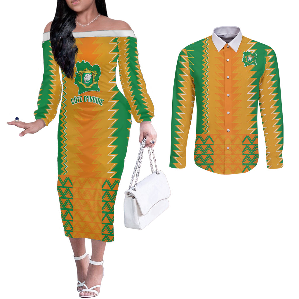 Custom Ivory Coast Football Couples Matching Off The Shoulder Long Sleeve Dress and Long Sleeve Button Shirt Les Elephants 2024 Sporty Style