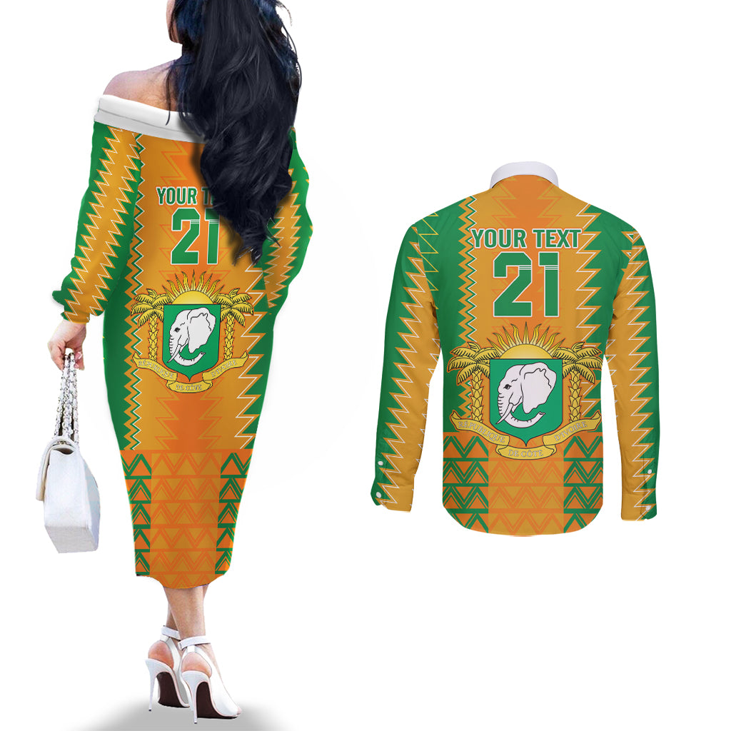 Custom Ivory Coast Football Couples Matching Off The Shoulder Long Sleeve Dress and Long Sleeve Button Shirt Les Elephants 2024 Sporty Style