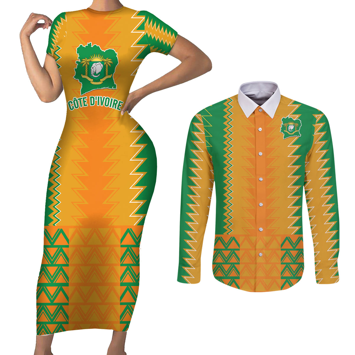 Custom Ivory Coast Football Couples Matching Short Sleeve Bodycon Dress and Long Sleeve Button Shirt Les Elephants 2024 Sporty Style LT9 - Wonder Print Shop