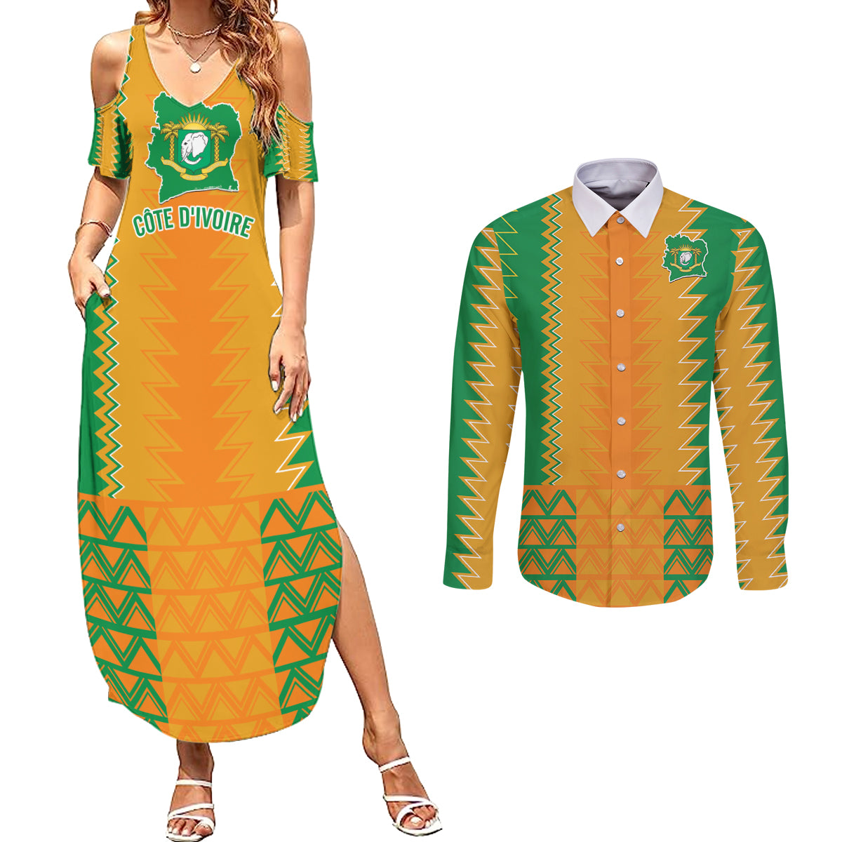 Custom Ivory Coast Football Couples Matching Summer Maxi Dress and Long Sleeve Button Shirt Les Elephants 2024 Sporty Style LT9 - Wonder Print Shop
