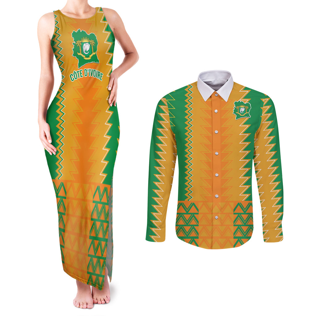 Custom Ivory Coast Football Couples Matching Tank Maxi Dress and Long Sleeve Button Shirt Les Elephants 2024 Sporty Style LT9 - Wonder Print Shop