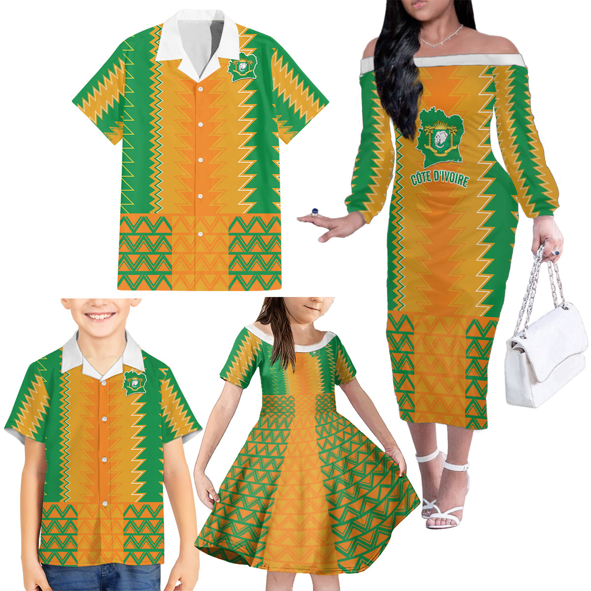 Custom Ivory Coast Football Family Matching Off Shoulder Long Sleeve Dress and Hawaiian Shirt Les Elephants 2024 Sporty Style - Wonder Print Shop
