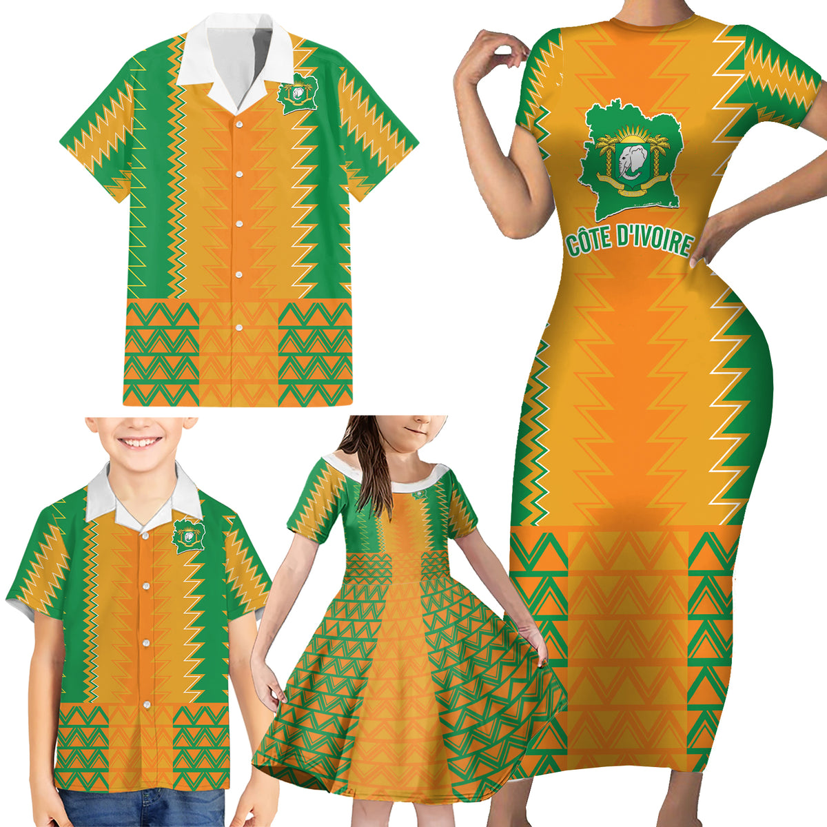 Custom Ivory Coast Football Family Matching Short Sleeve Bodycon Dress and Hawaiian Shirt Les Elephants 2024 Sporty Style - Wonder Print Shop