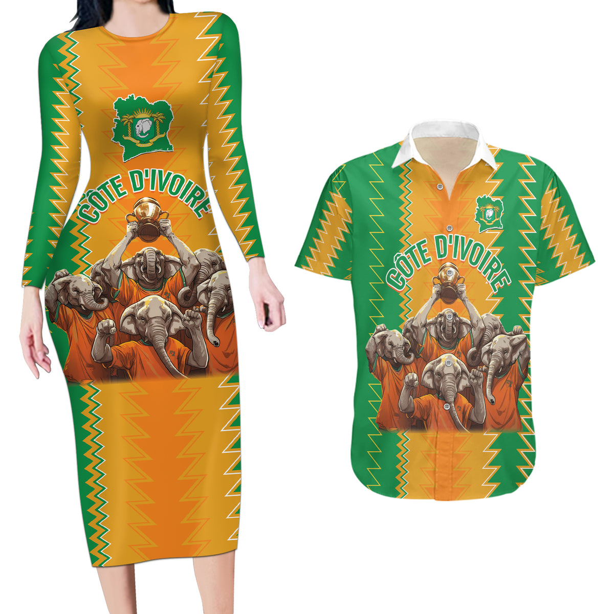 Custom Ivory Coast Football Couples Matching Long Sleeve Bodycon Dress and Hawaiian Shirt The Champions Les Elephants 2024 LT9 - Wonder Print Shop