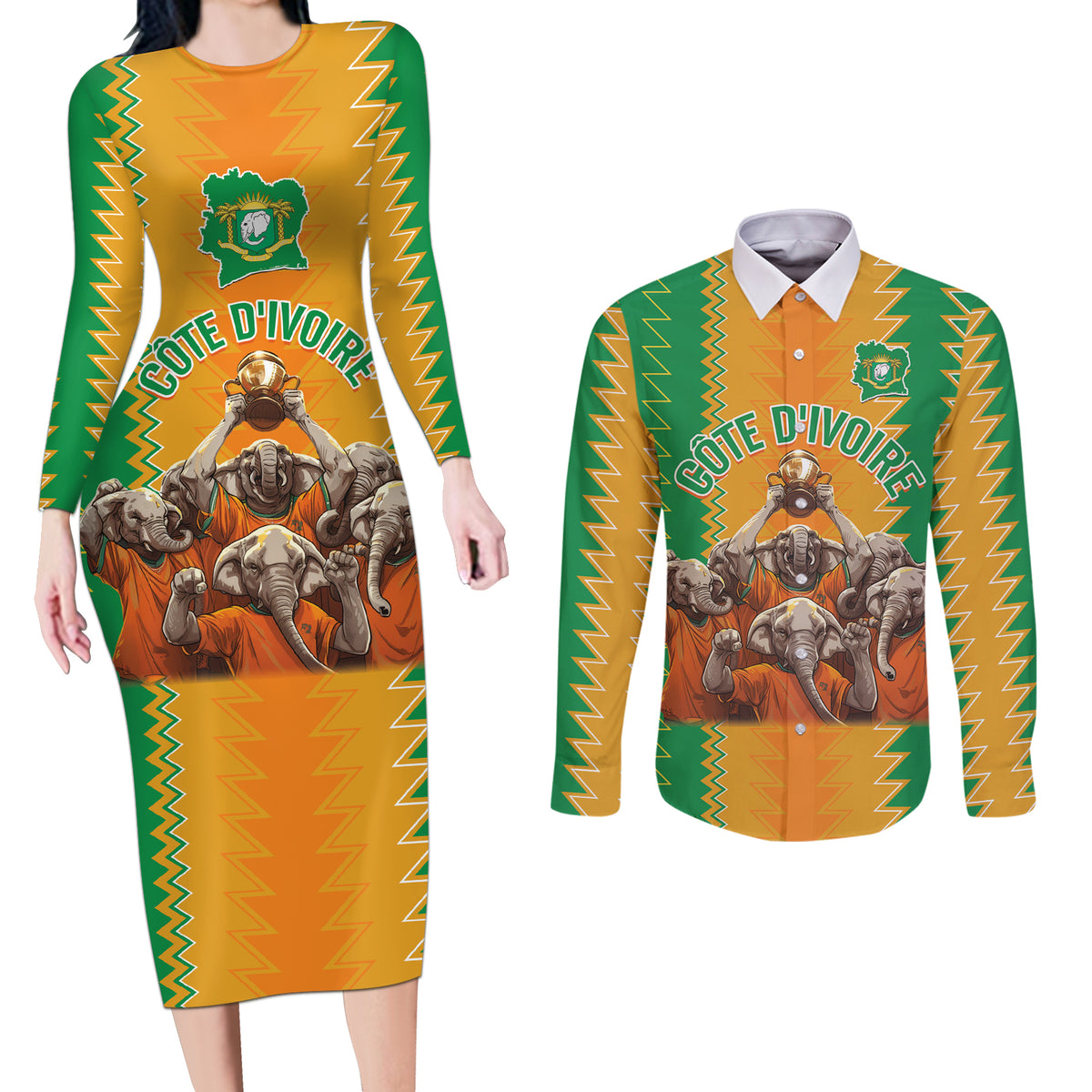 Custom Ivory Coast Football Couples Matching Long Sleeve Bodycon Dress and Long Sleeve Button Shirt The Champions Les Elephants 2024 LT9 - Wonder Print Shop