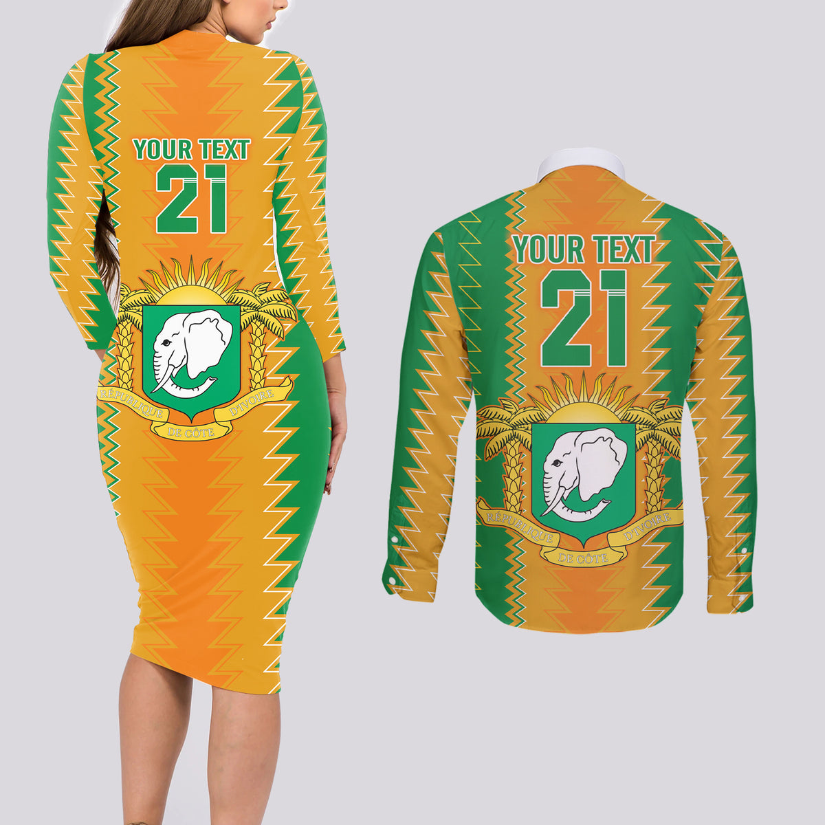Custom Ivory Coast Football Couples Matching Long Sleeve Bodycon Dress and Long Sleeve Button Shirt The Champions Les Elephants 2024 LT9 - Wonder Print Shop