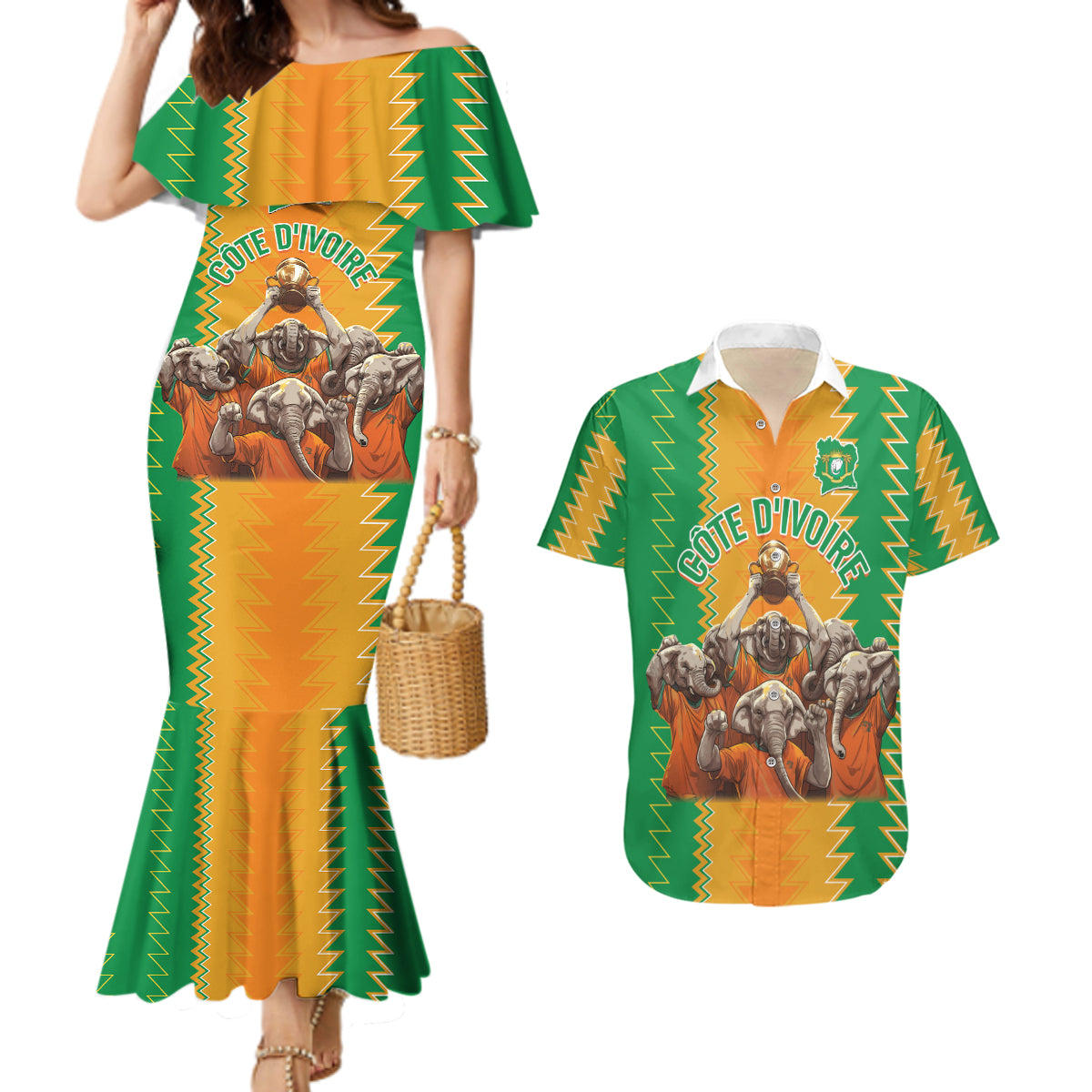 Custom Ivory Coast Football Couples Matching Mermaid Dress and Hawaiian Shirt The Champions Les Elephants 2024 LT9 - Wonder Print Shop