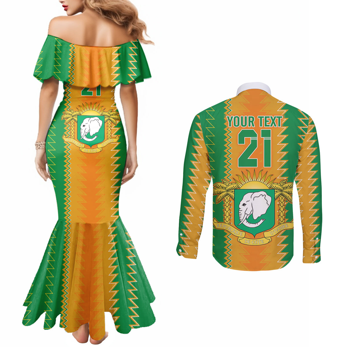 Custom Ivory Coast Football Couples Matching Mermaid Dress and Long Sleeve Button Shirt The Champions Les Elephants 2024