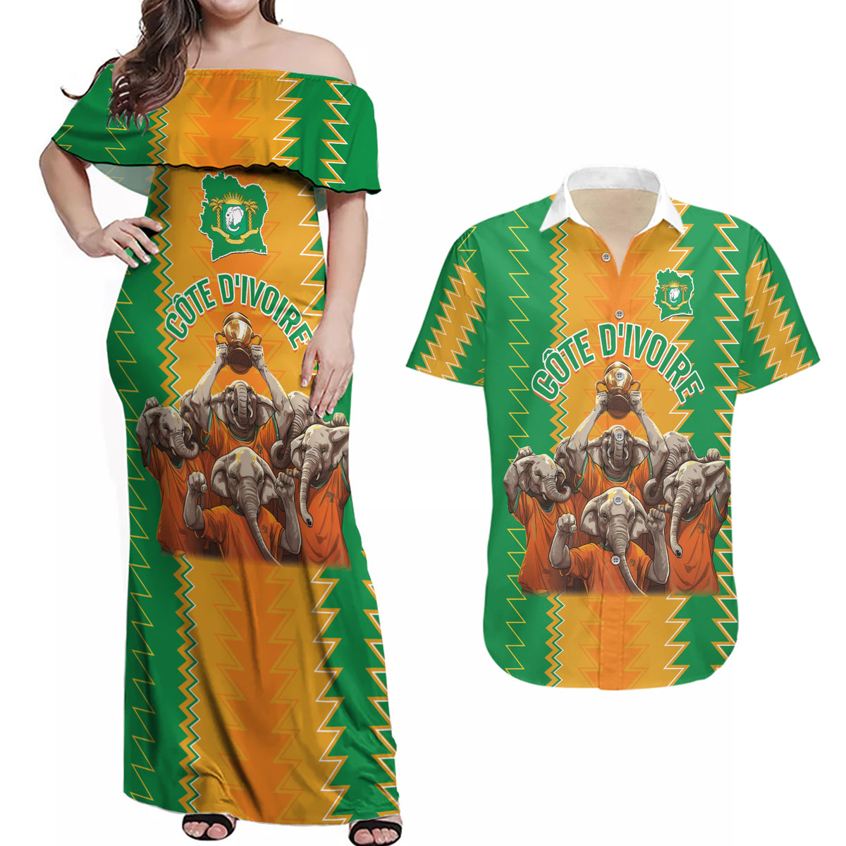 Custom Ivory Coast Football Couples Matching Off Shoulder Maxi Dress and Hawaiian Shirt The Champions Les Elephants 2024 LT9 - Wonder Print Shop