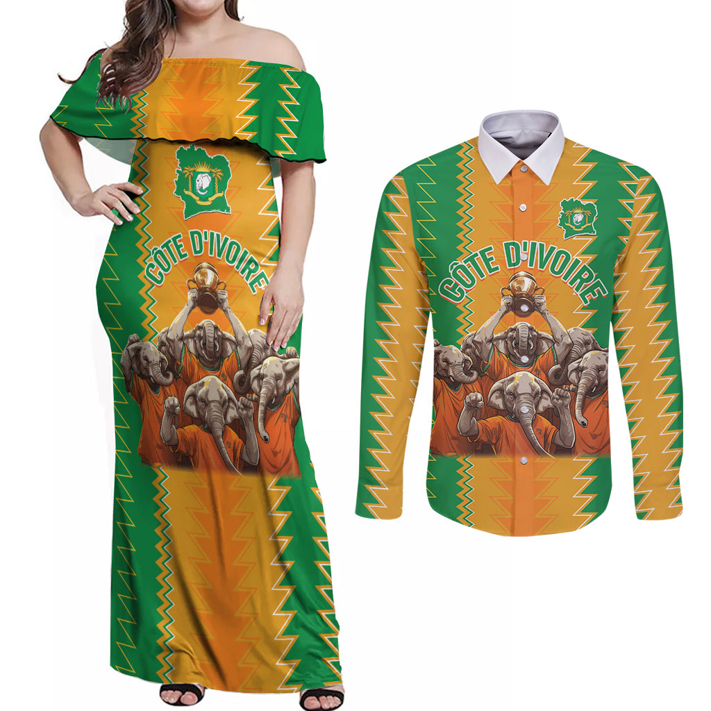 Custom Ivory Coast Football Couples Matching Off Shoulder Maxi Dress and Long Sleeve Button Shirt The Champions Les Elephants 2024 LT9 - Wonder Print Shop