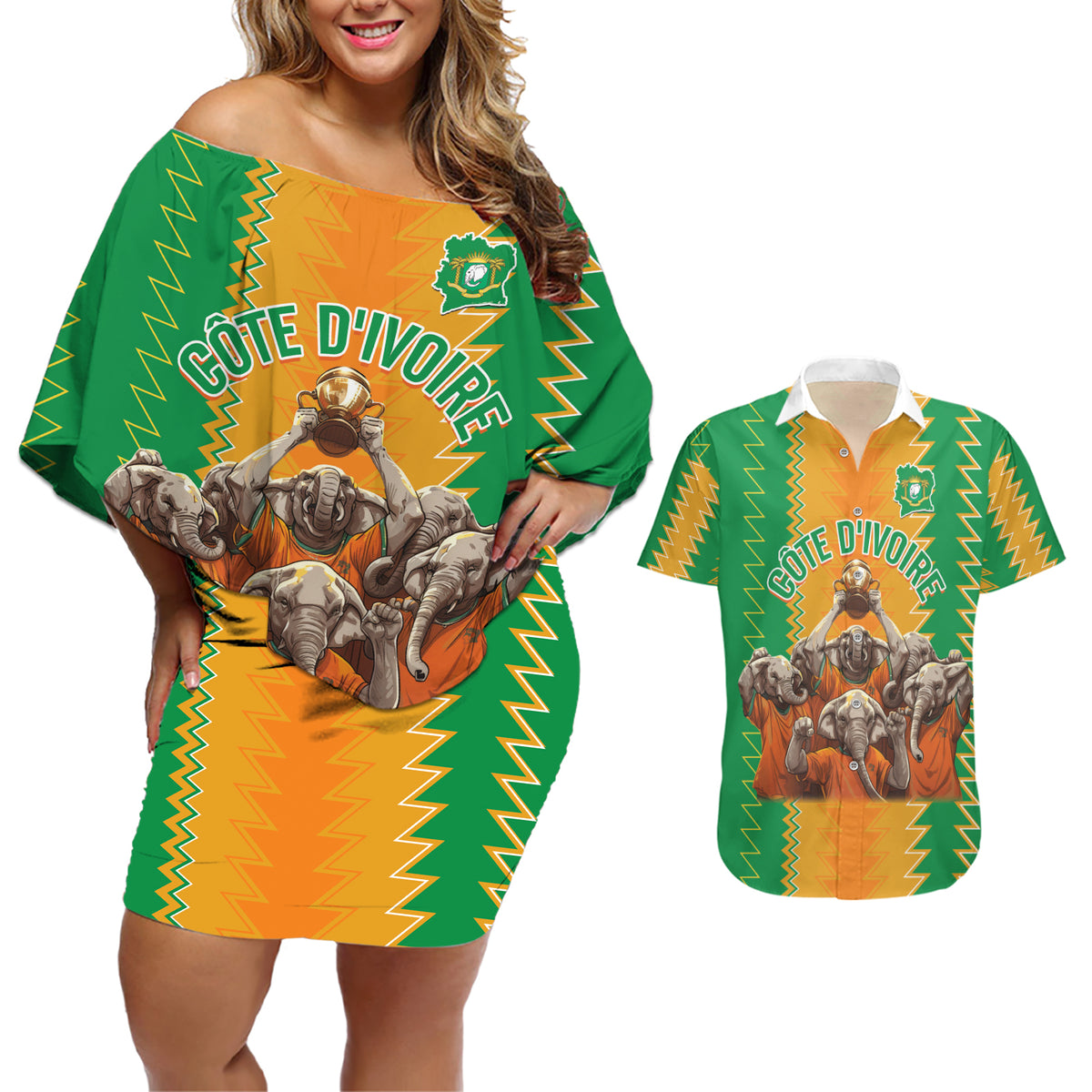 Custom Ivory Coast Football Couples Matching Off Shoulder Short Dress and Hawaiian Shirt The Champions Les Elephants 2024 LT9 - Wonder Print Shop