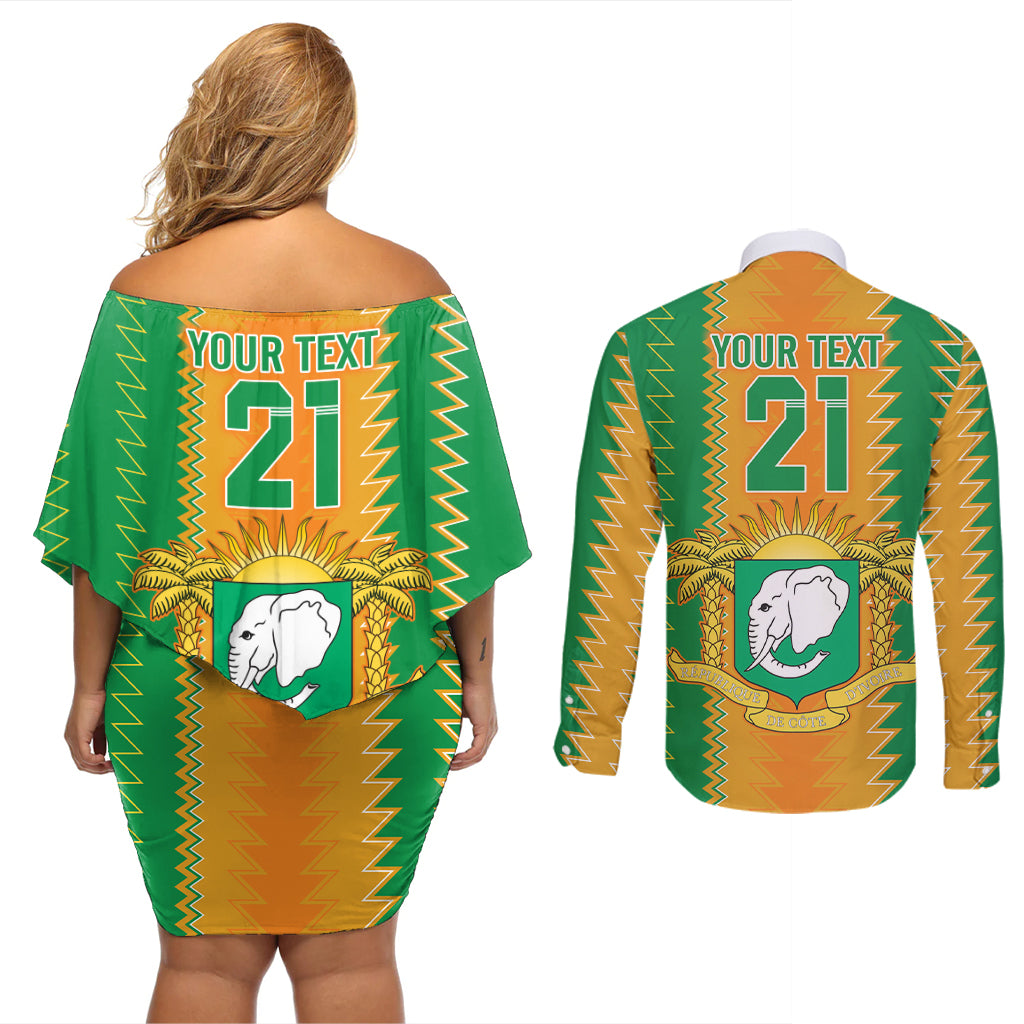 Custom Ivory Coast Football Couples Matching Off Shoulder Short Dress and Long Sleeve Button Shirt The Champions Les Elephants 2024 LT9 - Wonder Print Shop