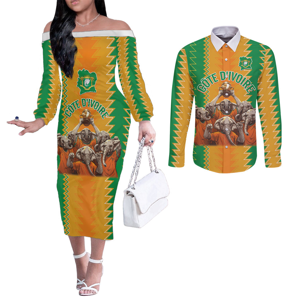 Custom Ivory Coast Football Couples Matching Off The Shoulder Long Sleeve Dress and Long Sleeve Button Shirt The Champions Les Elephants 2024