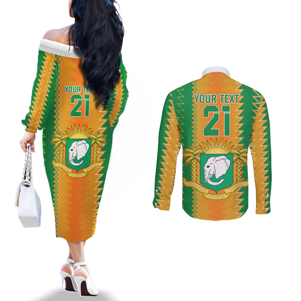 Custom Ivory Coast Football Couples Matching Off The Shoulder Long Sleeve Dress and Long Sleeve Button Shirt The Champions Les Elephants 2024