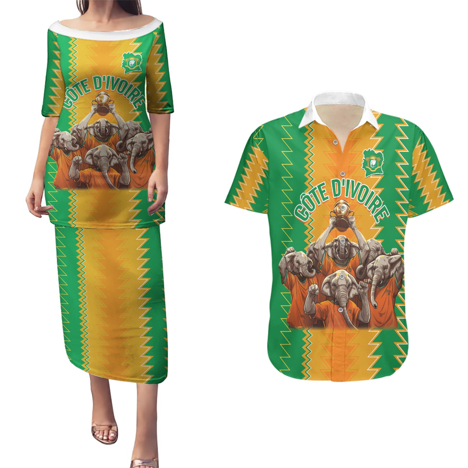 Custom Ivory Coast Football Couples Matching Puletasi and Hawaiian Shirt The Champions Les Elephants 2024 LT9 - Wonder Print Shop