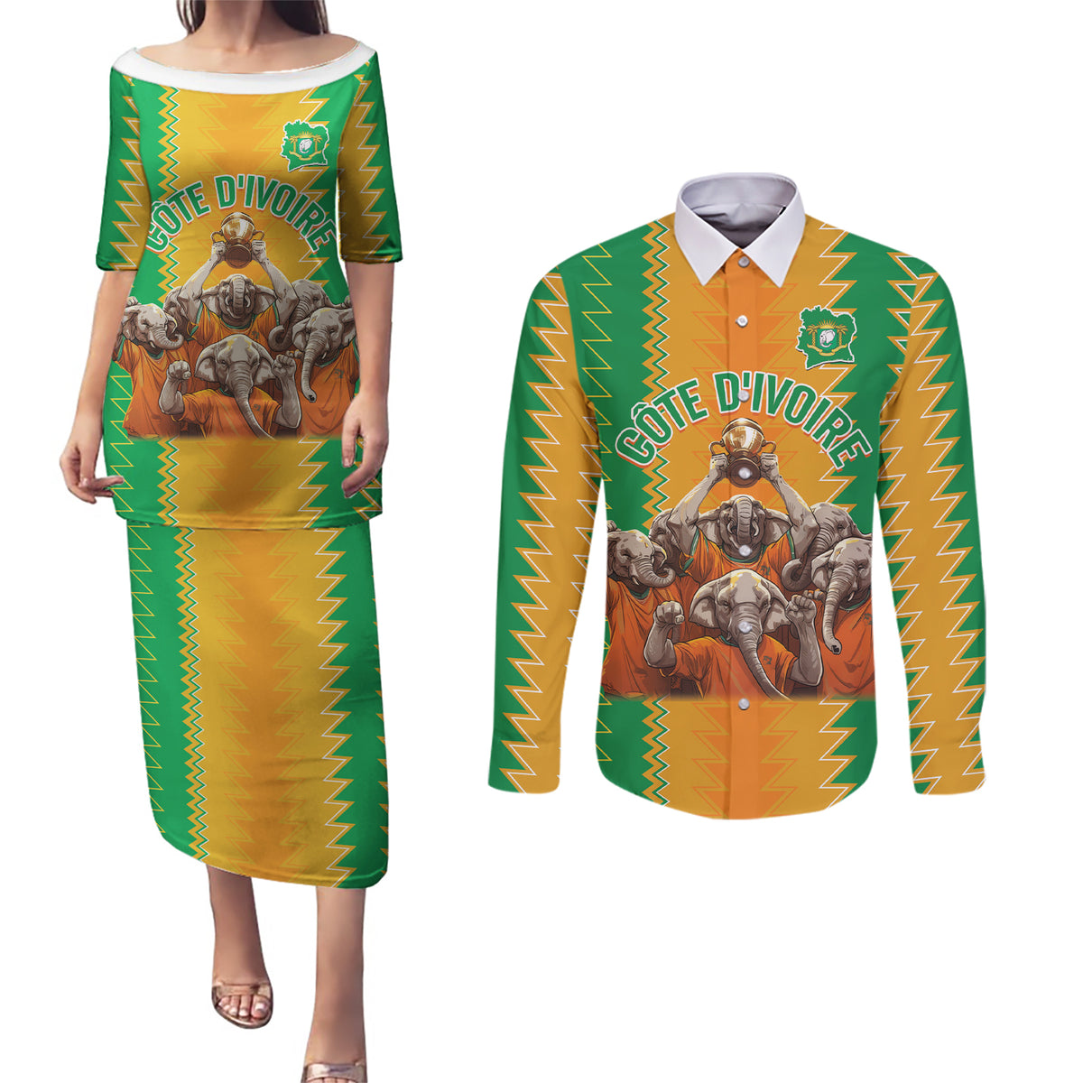 Custom Ivory Coast Football Couples Matching Puletasi and Long Sleeve Button Shirt The Champions Les Elephants 2024 LT9 - Wonder Print Shop