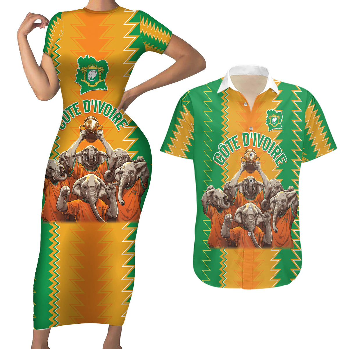 Custom Ivory Coast Football Couples Matching Short Sleeve Bodycon Dress and Hawaiian Shirt The Champions Les Elephants 2024 LT9 - Wonder Print Shop