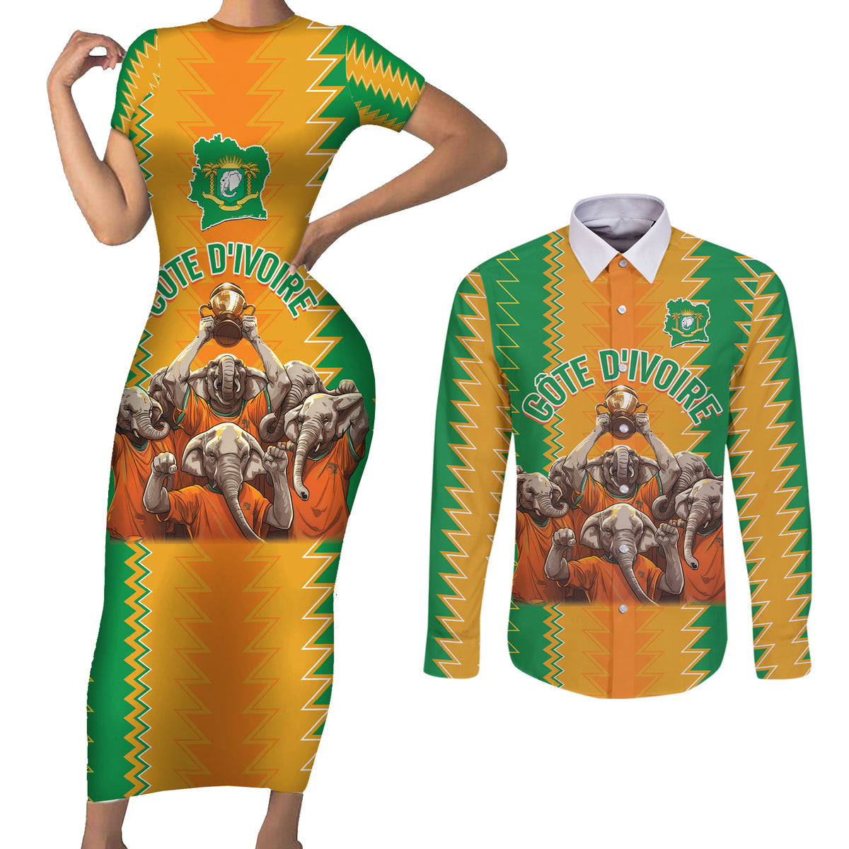 Custom Ivory Coast Football Couples Matching Short Sleeve Bodycon Dress and Long Sleeve Button Shirt The Champions Les Elephants 2024 LT9 - Wonder Print Shop