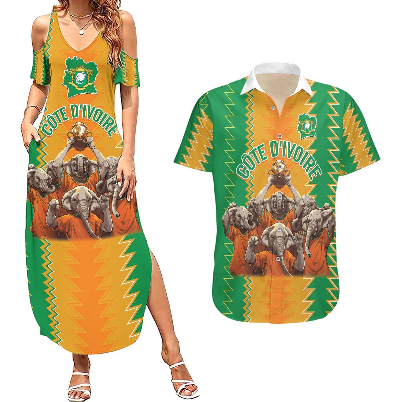 Custom Ivory Coast Football Couples Matching Summer Maxi Dress and Hawaiian Shirt The Champions Les Elephants 2024 LT9 - Wonder Print Shop