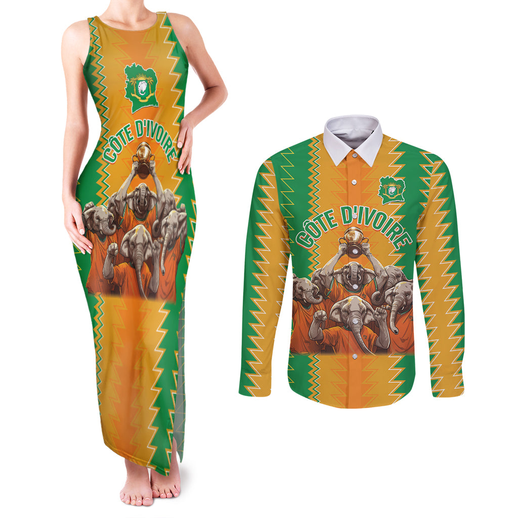 Custom Ivory Coast Football Couples Matching Tank Maxi Dress and Long Sleeve Button Shirt The Champions Les Elephants 2024 LT9 - Wonder Print Shop