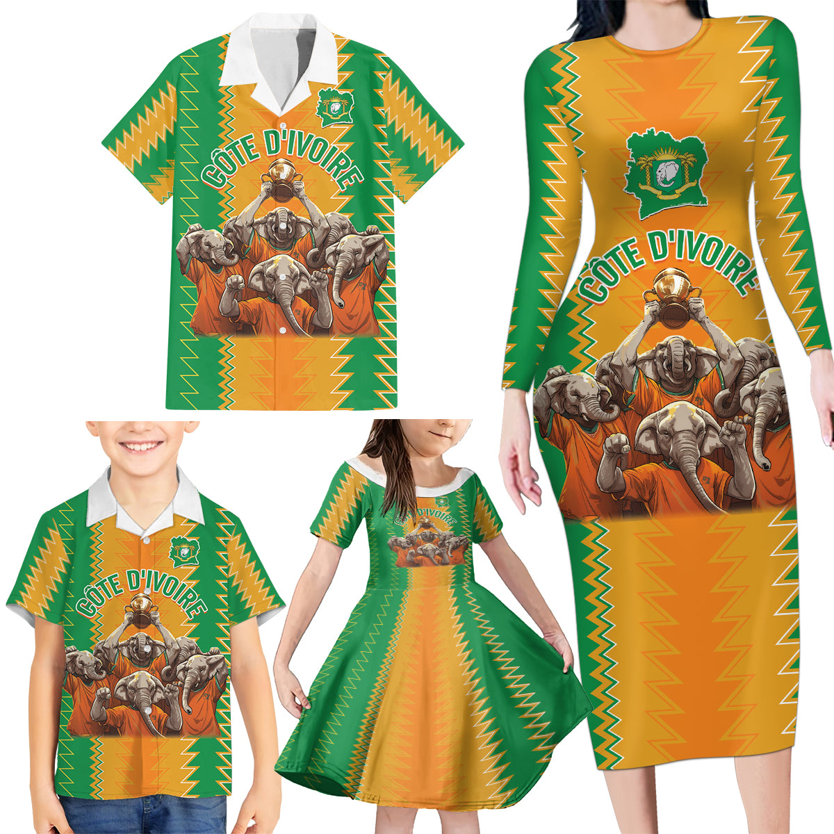 Custom Ivory Coast Football Family Matching Long Sleeve Bodycon Dress and Hawaiian Shirt The Champions Les Elephants 2024 LT9 - Wonder Print Shop