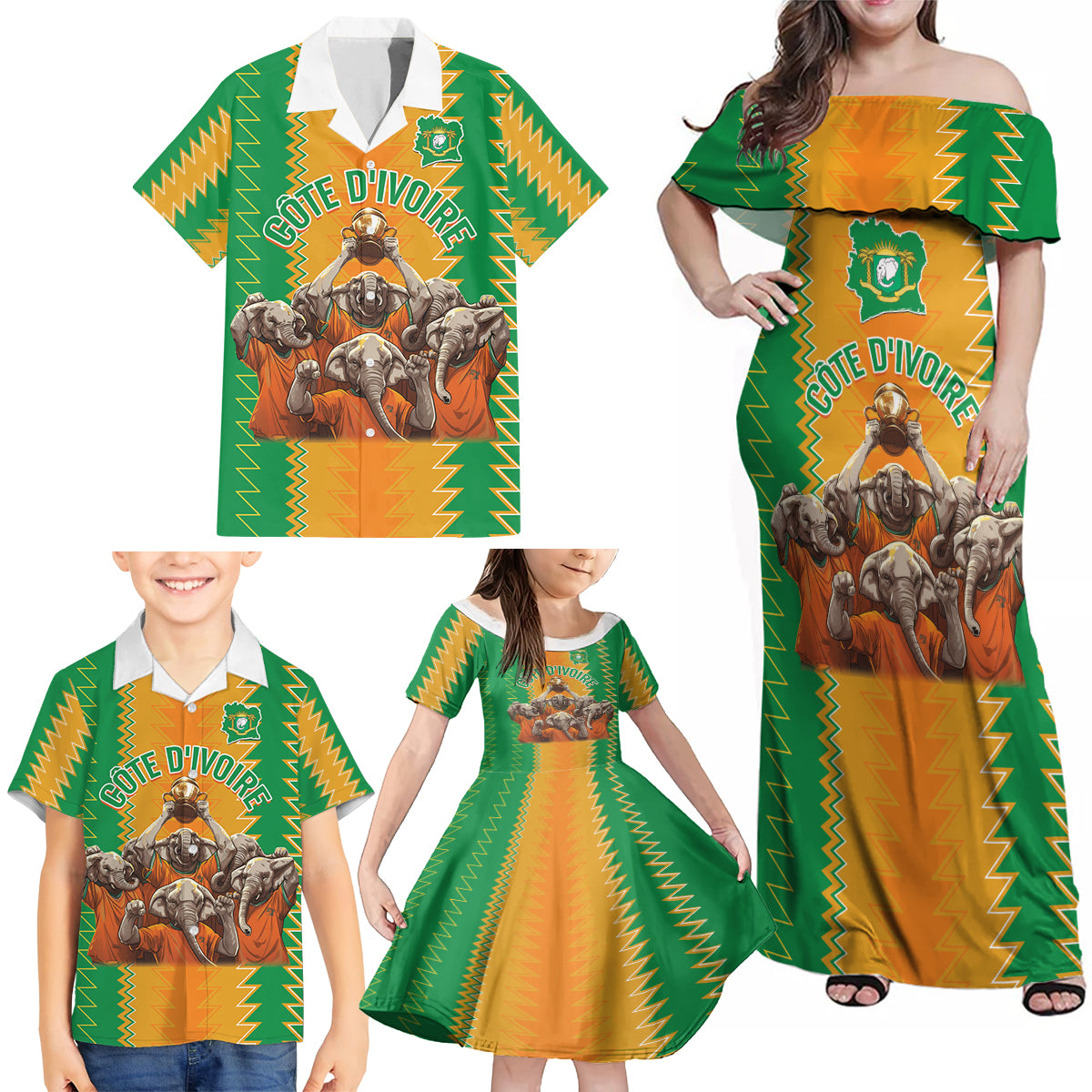 Custom Ivory Coast Football Family Matching Off Shoulder Maxi Dress and Hawaiian Shirt The Champions Les Elephants 2024 LT9 - Wonder Print Shop