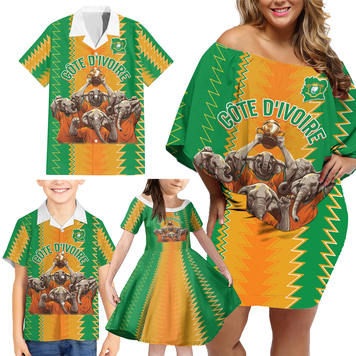 Custom Ivory Coast Football Family Matching Off Shoulder Short Dress and Hawaiian Shirt The Champions Les Elephants 2024 LT9 - Wonder Print Shop