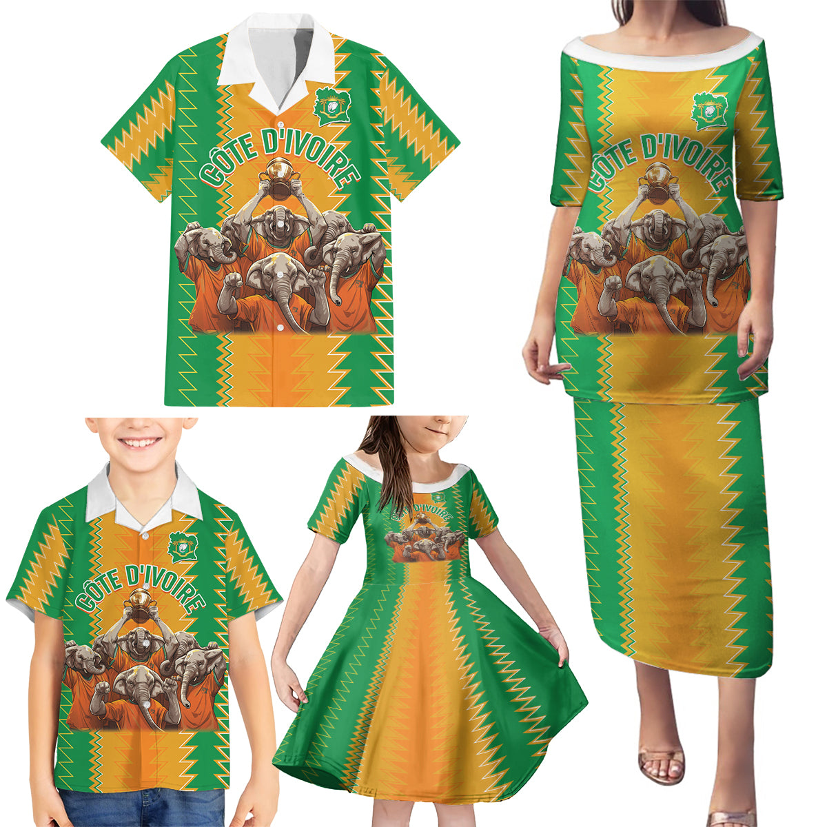 Custom Ivory Coast Football Family Matching Puletasi and Hawaiian Shirt The Champions Les Elephants 2024 - Wonder Print Shop