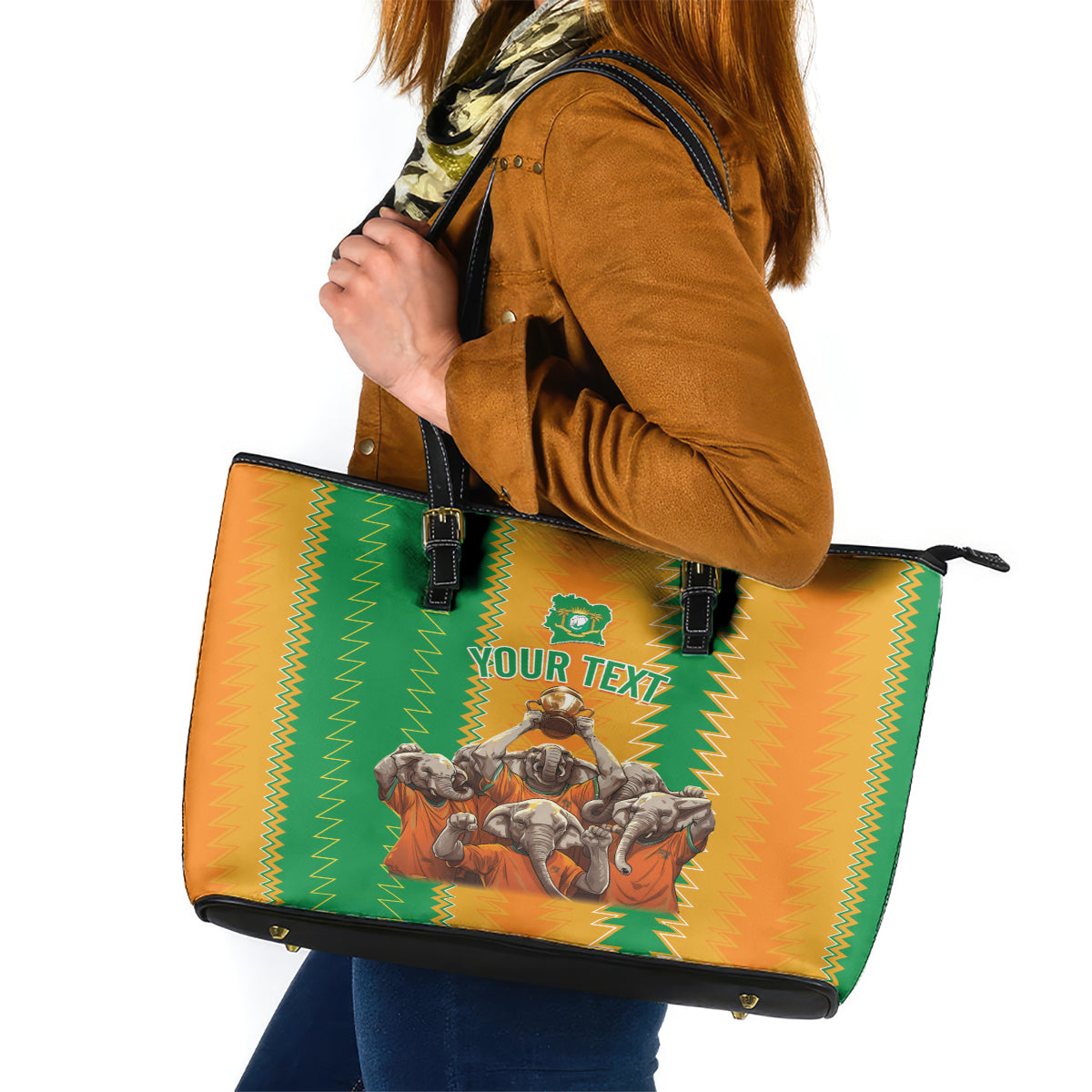 Custom Ivory Coast Football Leather Tote Bag The Champions Les Elephants 2024 - Wonder Print Shop
