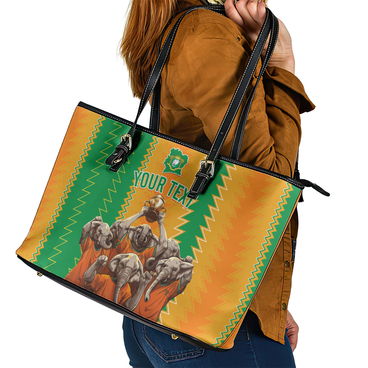 Custom Ivory Coast Football Leather Tote Bag The Champions Les Elephants 2024 - Wonder Print Shop