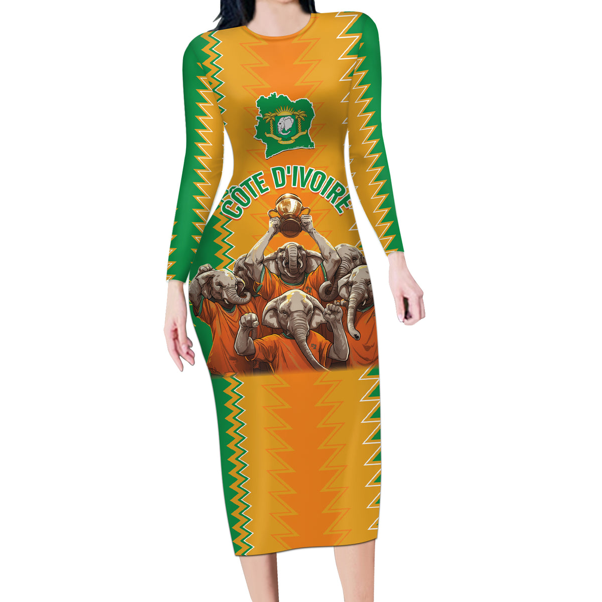 Custom Ivory Coast Football Long Sleeve Bodycon Dress The Champions Les Elephants 2024 - Wonder Print Shop