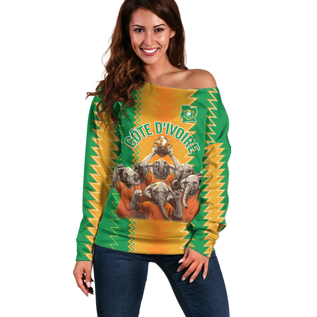 Custom Ivory Coast Football Off Shoulder Sweater The Champions Les Elephants 2024 - Wonder Print Shop