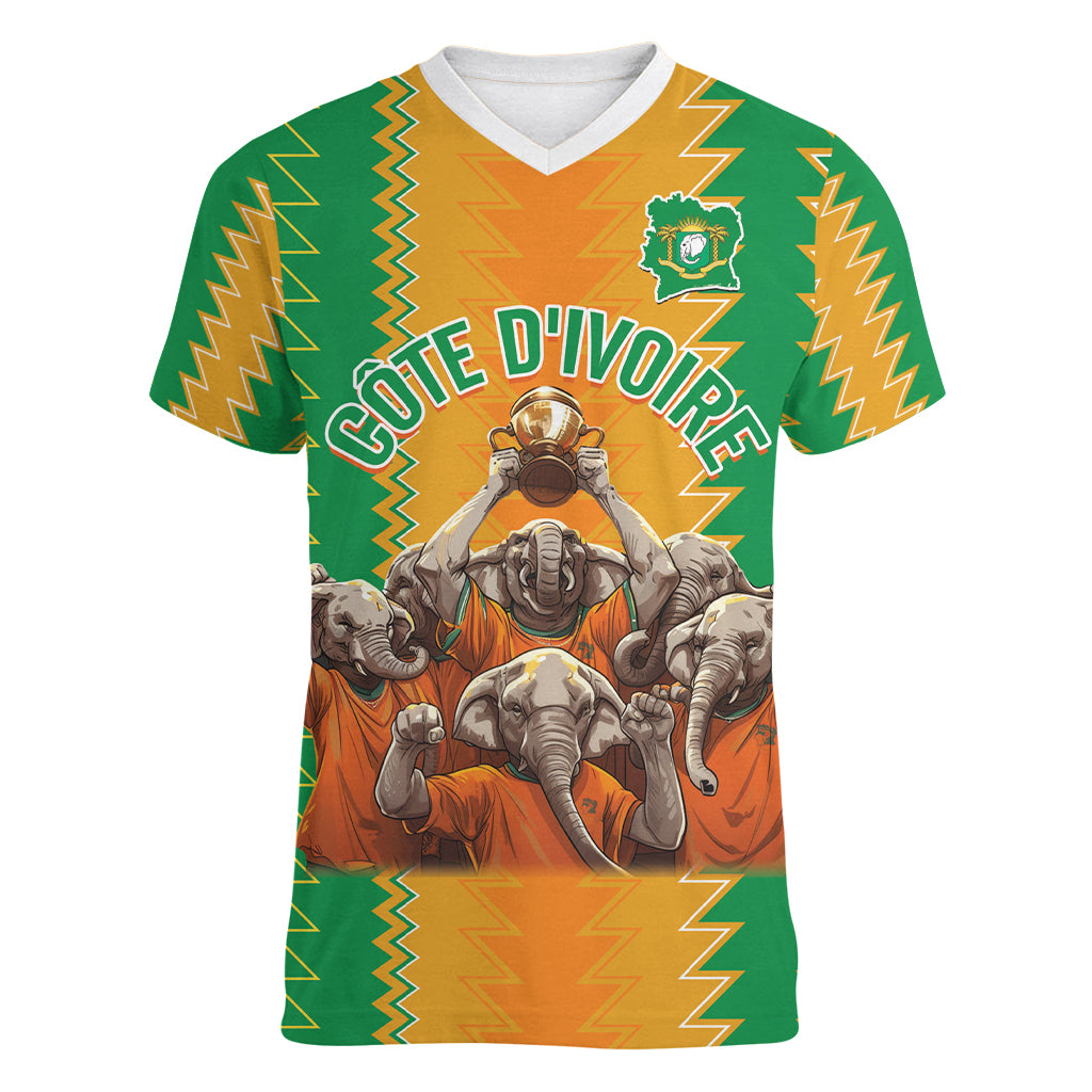 Custom Ivory Coast Football Women V Neck T Shirt The Champions Les Elephants 2024 - Wonder Print Shop