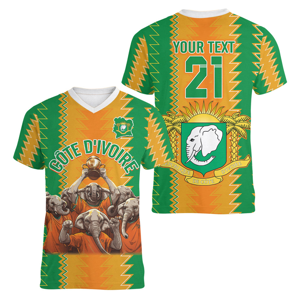 Custom Ivory Coast Football Women V Neck T Shirt The Champions Les Elephants 2024 - Wonder Print Shop