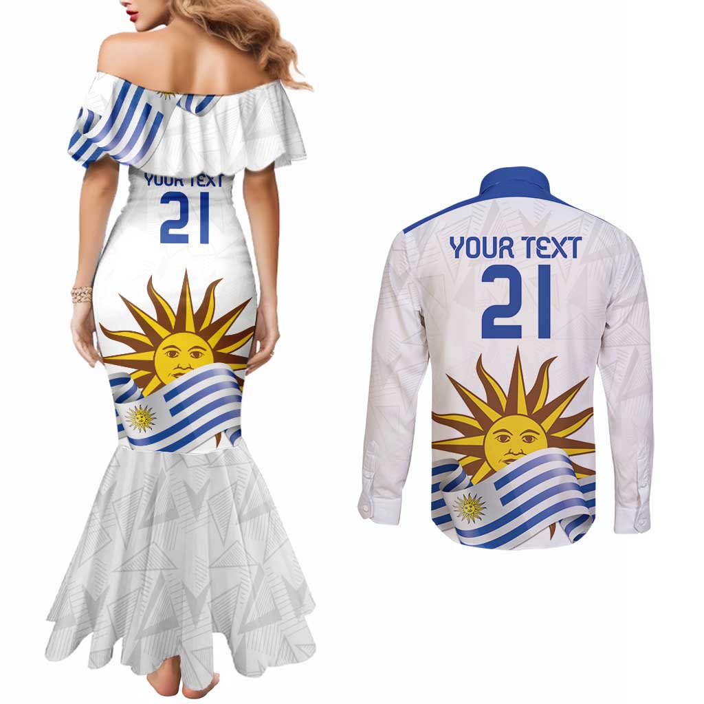 Custom Uruguay La Celeste Football Champions Couples Matching Mermaid Dress and Long Sleeve Button Shirt Glory To The Sky Blue