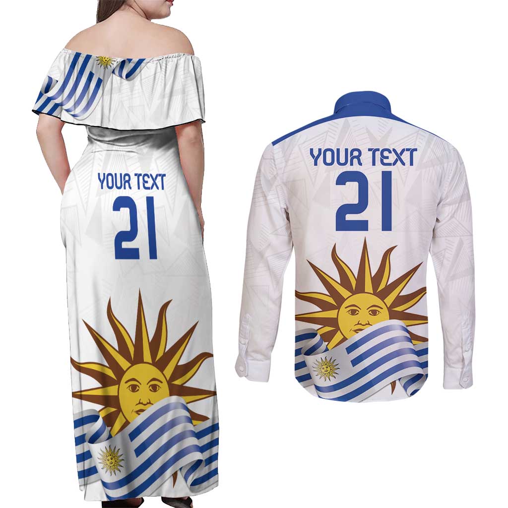 Custom Uruguay La Celeste Football Champions Couples Matching Off Shoulder Maxi Dress and Long Sleeve Button Shirt Glory To The Sky Blue LT9 - Wonder Print Shop