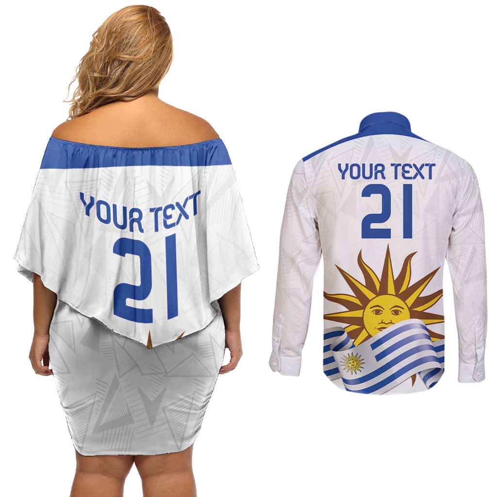 Custom Uruguay La Celeste Football Champions Couples Matching Off Shoulder Short Dress and Long Sleeve Button Shirt Glory To The Sky Blue LT9 - Wonder Print Shop