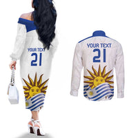 Custom Uruguay La Celeste Football Champions Couples Matching Off The Shoulder Long Sleeve Dress and Long Sleeve Button Shirt Glory To The Sky Blue