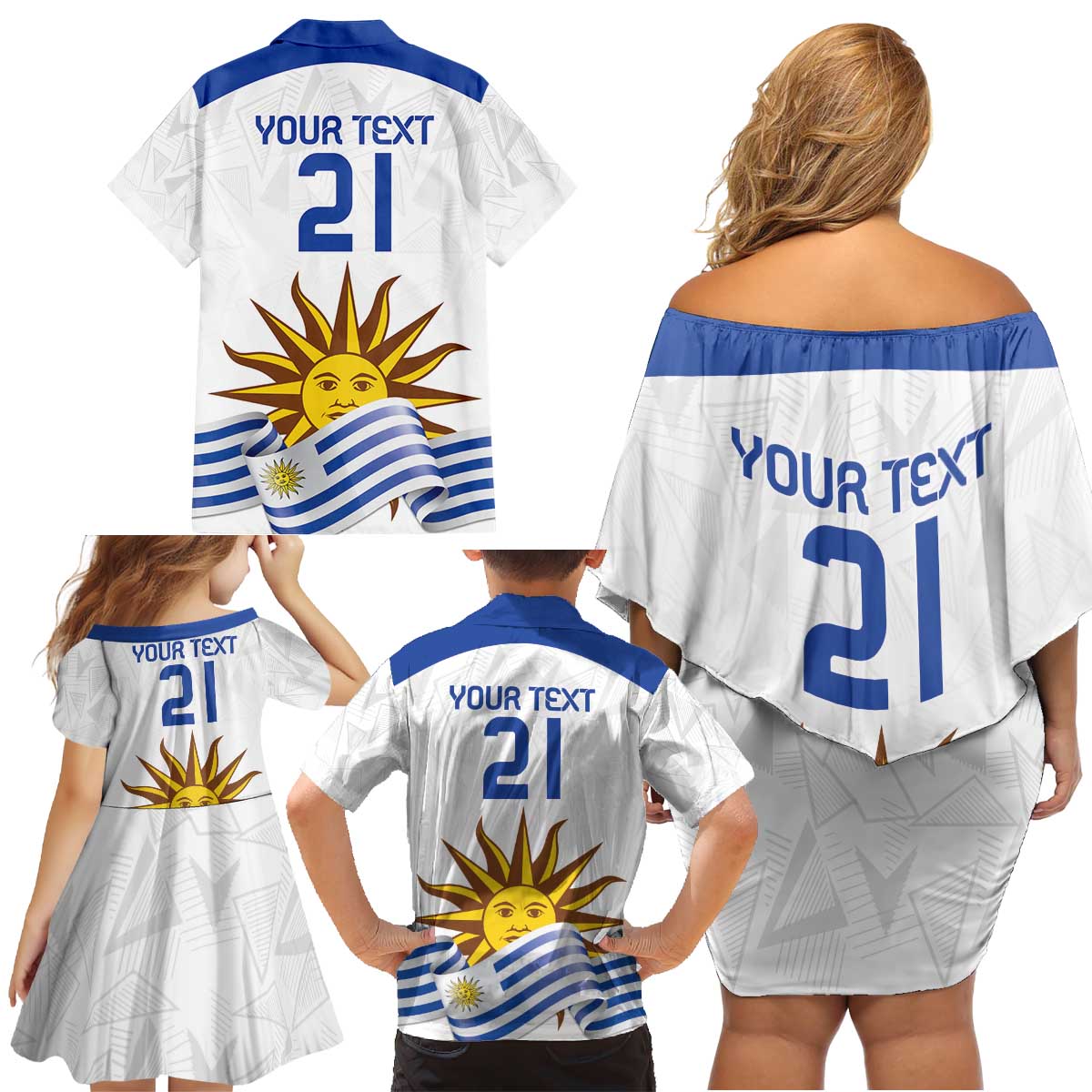 Custom Uruguay La Celeste Football Champions Family Matching Off Shoulder Short Dress and Hawaiian Shirt Glory To The Sky Blue LT9 - Wonder Print Shop