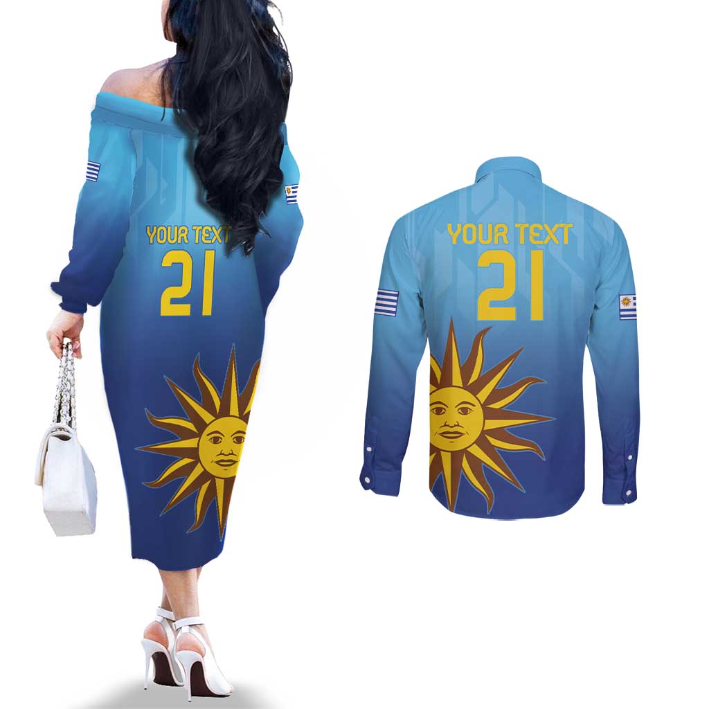Custom Uruguay La Celeste Football Couples Matching Off The Shoulder Long Sleeve Dress and Long Sleeve Button Shirt Go Champions 2024