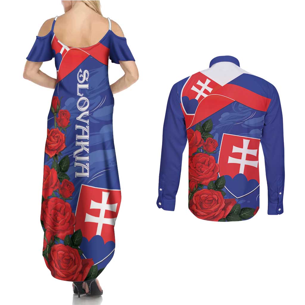 Slovakia Flag Mixed Rose Flowers Couples Matching Summer Maxi Dress and Long Sleeve Button Shirt LT9 - Wonder Print Shop