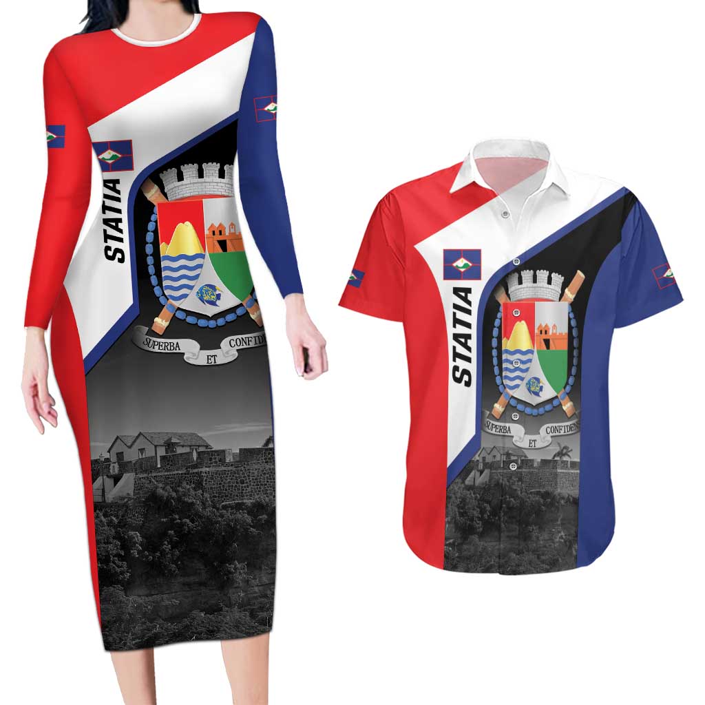 Caribbean Sint Maarten Personalized Couples Matching Long Sleeve Bodycon Dress and Hawaiian Shirt Brown Pelican - Wonder Print Shop