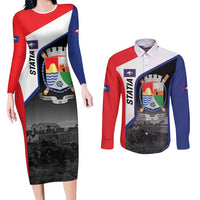 Caribbean Sint Maarten Personalized Couples Matching Long Sleeve Bodycon Dress and Long Sleeve Button Shirt Brown Pelican - Wonder Print Shop