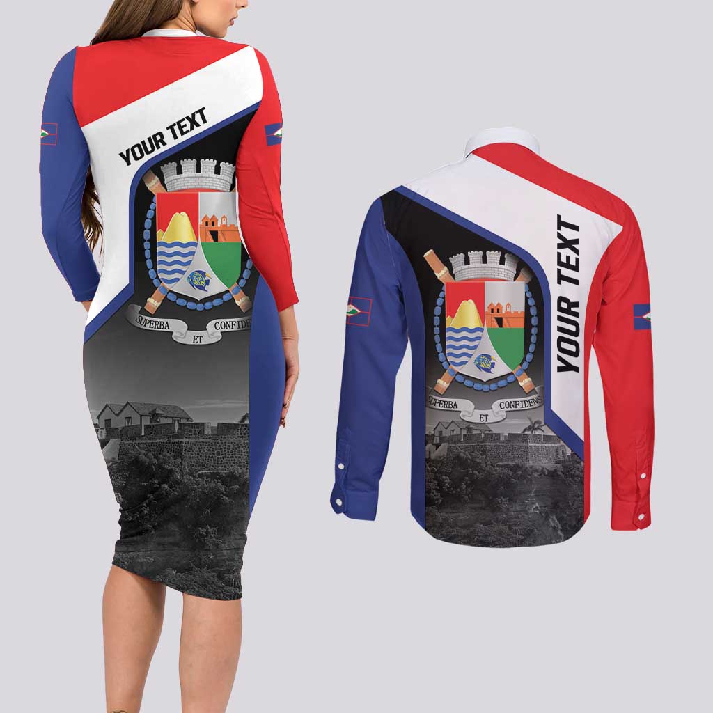 Caribbean Sint Maarten Personalized Couples Matching Long Sleeve Bodycon Dress and Long Sleeve Button Shirt Brown Pelican - Wonder Print Shop