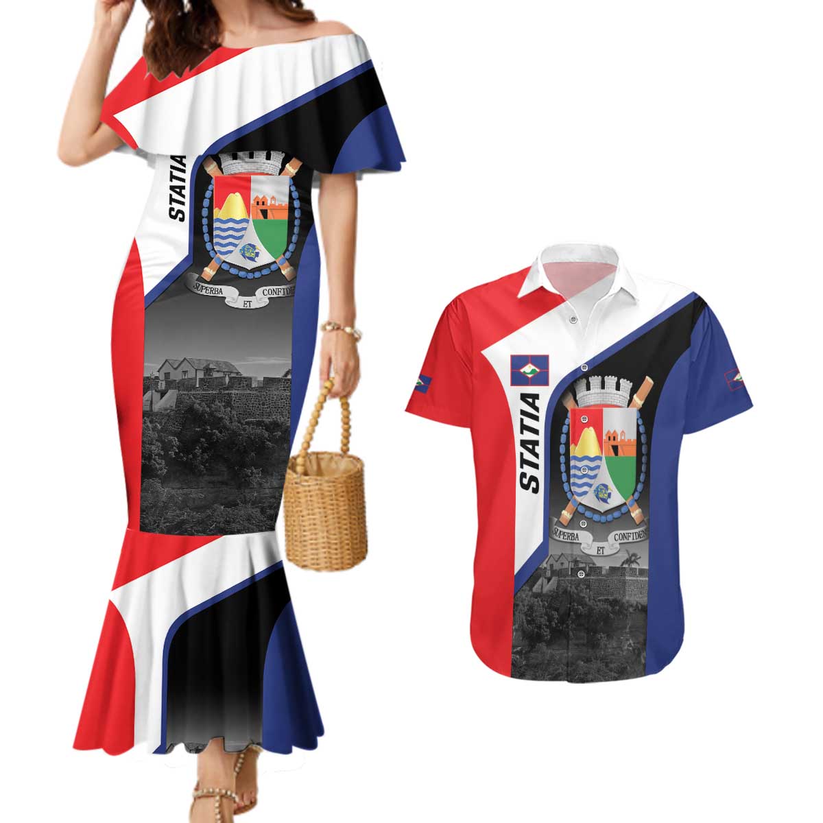 Caribbean Sint Maarten Personalized Couples Matching Mermaid Dress and Hawaiian Shirt Brown Pelican - Wonder Print Shop