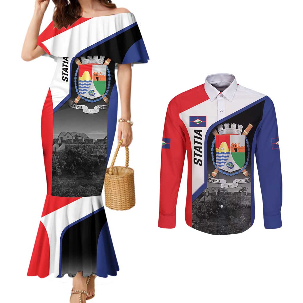 Caribbean Sint Maarten Personalized Couples Matching Mermaid Dress and Long Sleeve Button Shirt Brown Pelican - Wonder Print Shop