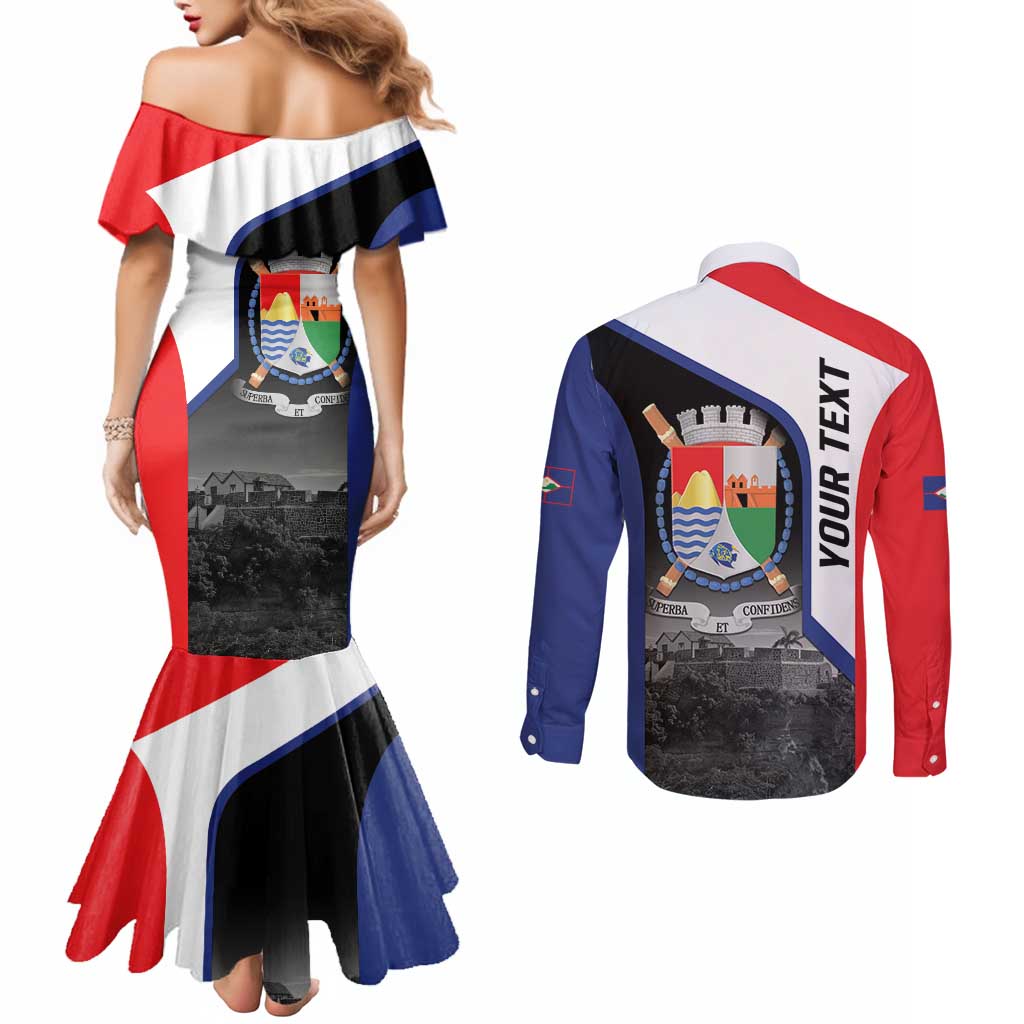 Caribbean Sint Maarten Personalized Couples Matching Mermaid Dress and Long Sleeve Button Shirt Brown Pelican - Wonder Print Shop