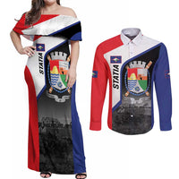 Caribbean Sint Maarten Personalized Couples Matching Off Shoulder Maxi Dress and Long Sleeve Button Shirt Brown Pelican - Wonder Print Shop